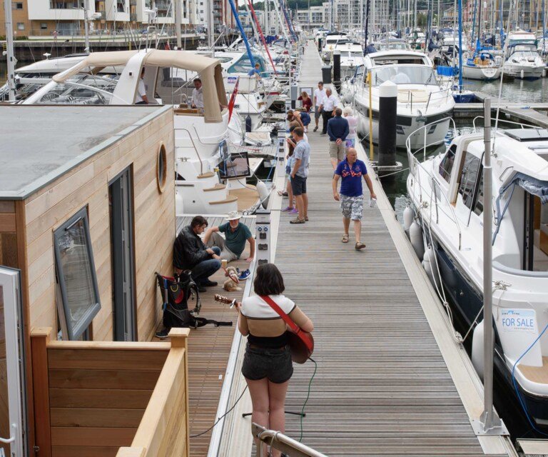 People on pontoons at Portishead marina 