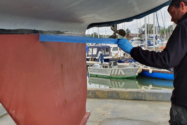 Westerly Tempest   further to refit, the tape is removed to lead a tidy join 